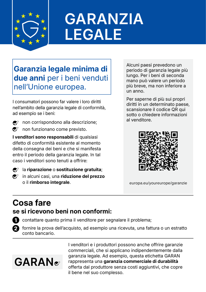 Avviso armonizzato sulla garanzia legale di conformità: garanzia legale minima di due anni per i beni venduti nell'Unione europea